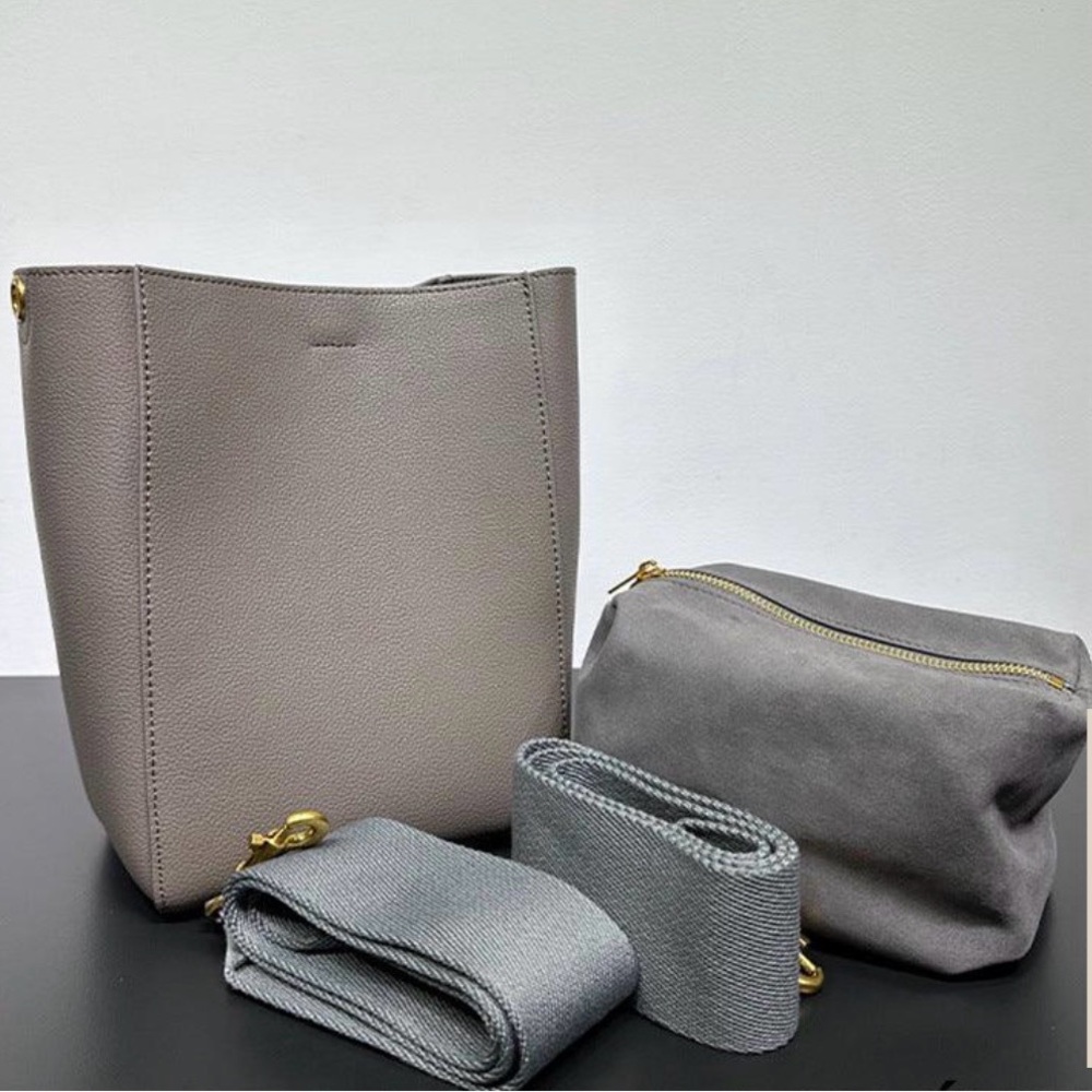 Genuine Leather Bucket Bag Dark Gray